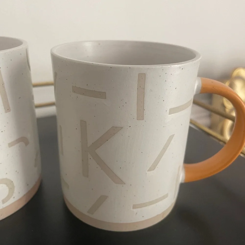 West Elm Confetti Geometric Coffee Mugs Cups Initials J K Pottery Neutral Colors